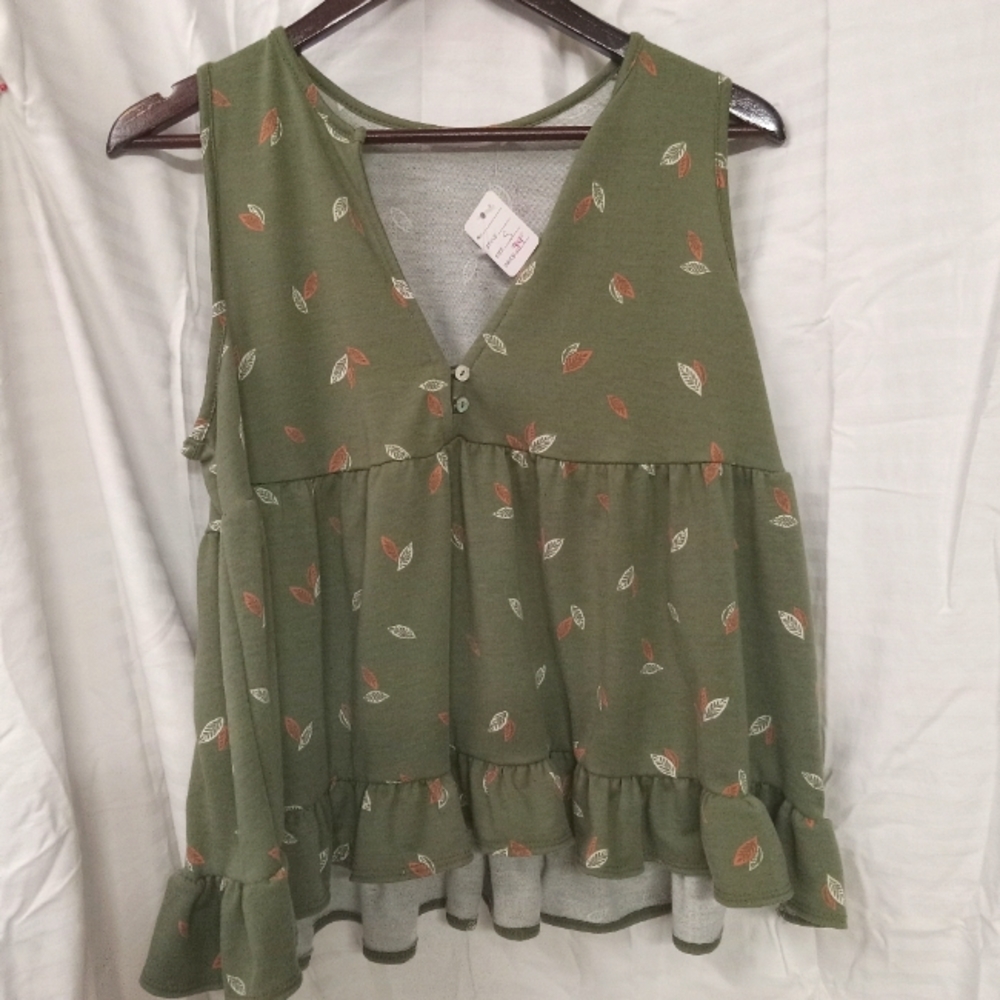 Ces Femme Olive Green Sleeveless Tunic with Leaf Print